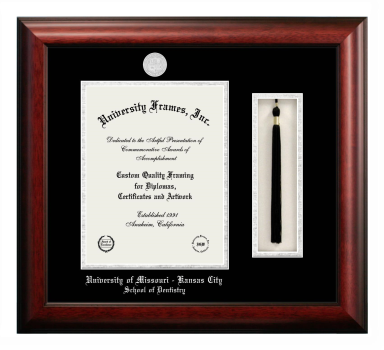 University of Missouri - Kansas City School of Dentistry Diploma with Tassel Box Frame in Satin Mahogany with Black & Silver Mats for  11"h x 8 1/2"w  