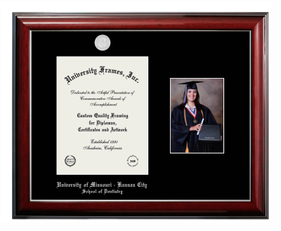 University of Missouri - Kansas City School of Dentistry Diploma with 5 x 7 Portrait Frame in Classic Mahogany with Silver Trim with Black Mat for  11"h x 8 1/2"w  