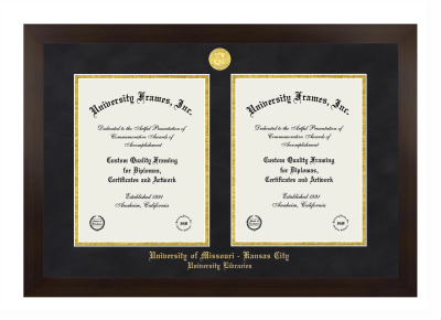 University of Missouri - Kansas City University Libraries Double Degree (Side-by-Side) Frame in Manhattan Espresso with Black Suede & Gold Mats for document: 11"h x 8 1/2"w  , document: 11"h x 8 1/2"w  