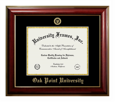 Oak Point University Diploma Frame in Classic Mahogany with Gold Trim with Black & Gold Mats for document: 8 1/2"h x 11"w  