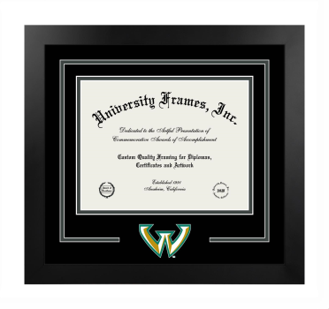 Wayne State University Logo Mat Frame in Manhattan Black with Black & Forest Green Mats for document: 8 1/2"h x 11"w  