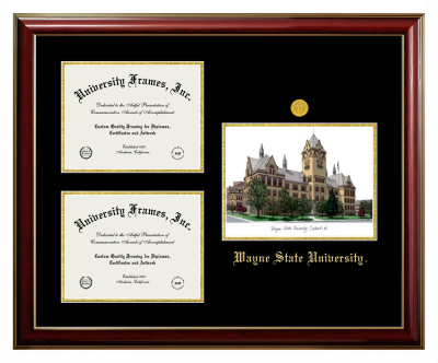 Wayne State University Triple Opening with Campus Image Frame in Classic Mahogany with Gold Trim with Black & Gold Mats for document: 8 1/2"h x 11"w  , document: 8 1/2"h x 11"w  