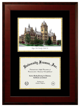 Wayne State University Double Opening with Campus Image (Unimprinted Mat) Frame in Honors Mahogany with Black & Gold Mats for document: 8 1/2"h x 11"w  