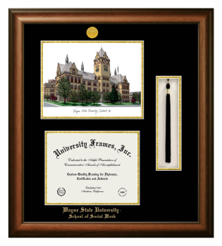 Wayne State University School of Social Work Double Opening with Campus Image & Tassel Box (Stacked) Frame in Satin Walnut with Black & Gold Mats for document: 8 1/2"h x 11"w  