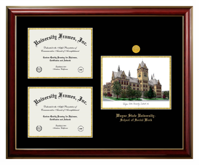 Wayne State University School of Social Work Triple Opening with Campus Image Frame in Classic Mahogany with Gold Trim with Black & Gold Mats for document: 8 1/2"h x 11"w  , document: 8 1/2"h x 11"w  