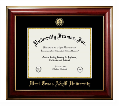 West Texas A&M University Diploma Frame in Classic Mahogany with Gold Trim with Black & Gold Mats for document: 8 1/2"h x 11"w  