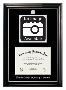 Pacific College of Health & Science Double Opening with Campus Image (Stacked) Frame in Classic Ebony with Silver Trim with Black & Silver Mats for document: 8 1/2"h x 11"w  