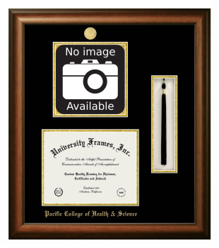 Pacific College of Health & Science Double Opening with Campus Image & Tassel Box (Stacked) Frame in Satin Walnut with Black & Gold Mats for document: 8 1/2"h x 11"w  