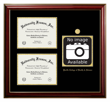 Pacific College of Health & Science Triple Opening with Campus Image Frame in Classic Mahogany with Gold Trim with Black & Gold Mats for document: 8 1/2"h x 11"w  , document: 8 1/2"h x 11"w  
