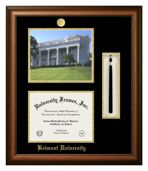 Belmont University Double Opening with Campus Image & Tassel Box (Stacked) Frame in Satin Walnut with Black & Gold Mats for document: 8 1/2"h x 11"w  
