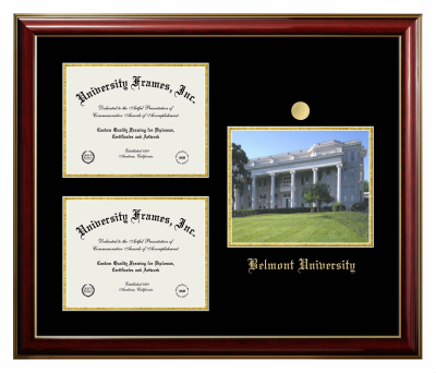Belmont University Triple Opening with Campus Image Frame in Classic Mahogany with Gold Trim with Black & Gold Mats for document: 8 1/2"h x 11"w  , document: 8 1/2"h x 11"w  
