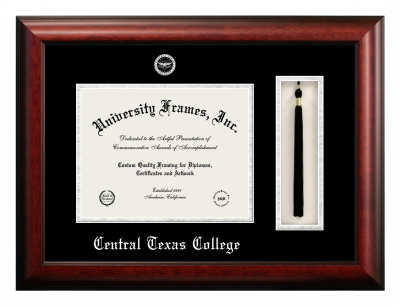 Central Texas College Diploma with Tassel Box Frame in Satin Mahogany with Black & Silver Mats for document: 8 1/2"h x 11"w  