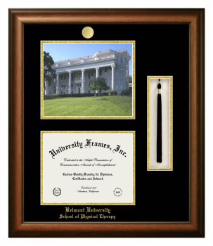 Belmont University School of Physical Therapy Double Opening with Campus Image & Tassel Box (Stacked) Frame in Satin Walnut with Black & Gold Mats for document: 8 1/2"h x 11"w  