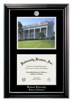 Belmont University School of Sciences Double Opening with Campus Image (Stacked) Frame in Classic Ebony with Silver Trim with Black & Silver Mats for document: 8 1/2"h x 11"w  