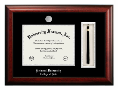 Belmont University College of Law Diploma with Tassel Box Frame in Satin Mahogany with Black & Silver Mats for document: 8 1/2"h x 11"w  