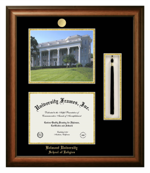 Belmont University School of Religion Double Opening with Campus Image & Tassel Box (Stacked) Frame in Satin Walnut with Black & Gold Mats for document: 8 1/2"h x 11"w  