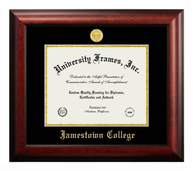 Jamestown College Diploma Frame in Satin Mahogany with Black & Gold Mats for document: 8 1/2"h x 11"w  