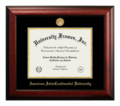 American InterContinental University Diploma Frame in Satin Mahogany with Black & Gold Mats for document: 8 1/2"h x 11"w  