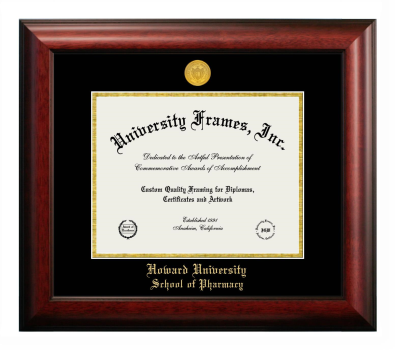 Howard University School of Pharmacy Diploma Frame in Satin Mahogany with Black & Gold Mats for document: 8 1/2"h x 11"w  