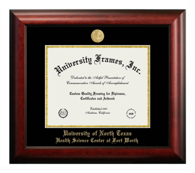 University of North Texas Health Science Center at Fort Worth Diploma Frame in Satin Mahogany with Black & Gold Mats for document: 8 1/2"h x 11"w  