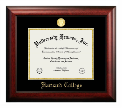 Harvard College Diploma Frame in Satin Mahogany with Black & Gold Mats for document: 8 1/2"h x 11"w  