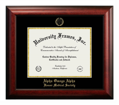 Alpha Omega Alpha Honor Medical Society Diploma Frame in Satin Mahogany with Black & Gold Mats for document: 8 1/2"h x 11"w  