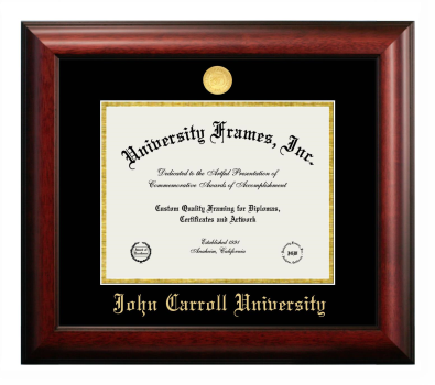 John Carroll University Diploma Frame in Satin Mahogany with Black & Gold Mats for document: 8 1/2"h x 11"w  