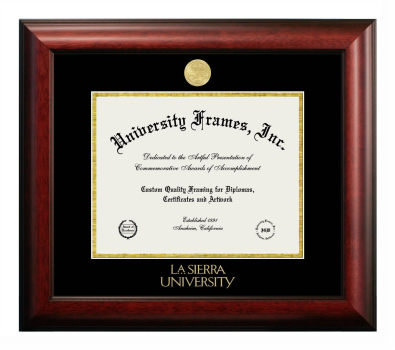 La Sierra University Diploma Frame in Satin Mahogany with Black & Gold Mats for document: 8 1/2"h x 11"w  