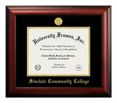 Sinclair Community College Diploma Frame in Satin Mahogany with Black & Gold Mats for document: 8 1/2"h x 11"w  