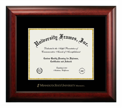 Minnesota State University Mankato Diploma Frame in Satin Mahogany with Black & Gold Mats for document: 8 1/2"h x 11"w  