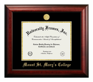 Mount St. Mary's College (California) Diploma Frame in Satin Mahogany with Black & Gold Mats for document: 8 1/2"h x 11"w  