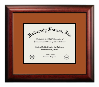 Southwest Texas State University Diploma Frame in Satin Mahogany with Burnt Orange & Black Mats for document: 8 1/2"h x 11"w  