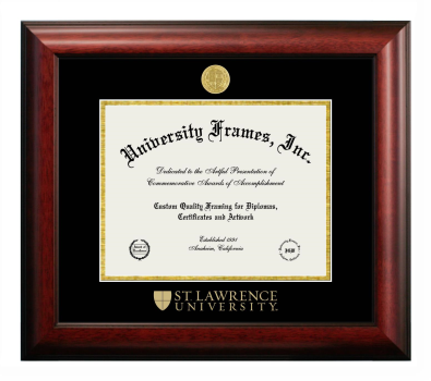 St. Lawrence University Diploma Frame in Satin Mahogany with Black & Gold Mats for document: 8 1/2"h x 11"w  
