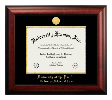 University of the Pacific McGeorge School of Law Diploma Frame in Satin Mahogany with Black & Gold Mats for document: 8 1/2"h x 11"w  
