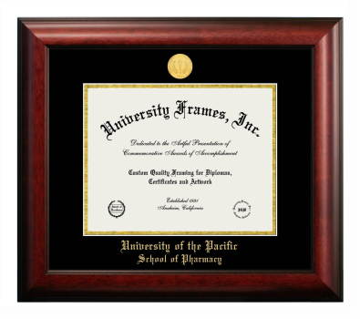 University of the Pacific School of Pharmacy Diploma Frame in Satin Mahogany with Black & Gold Mats for document: 8 1/2"h x 11"w  