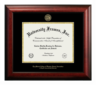 Medical College of Virginia Alumni Association of Virginia Commonwealth University Diploma Frame in Satin Mahogany with Black & Gold Mats for document: 8 1/2"h x 11"w  