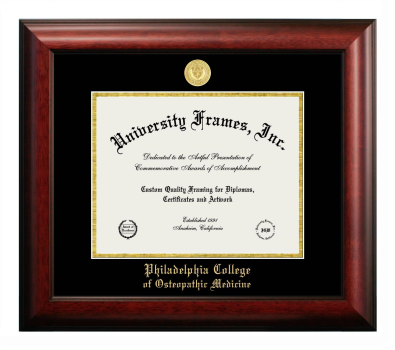 Philadelphia College of Osteopathic Medicine Diploma Frame in Satin Mahogany with Black & Gold Mats for document: 8 1/2"h x 11"w  