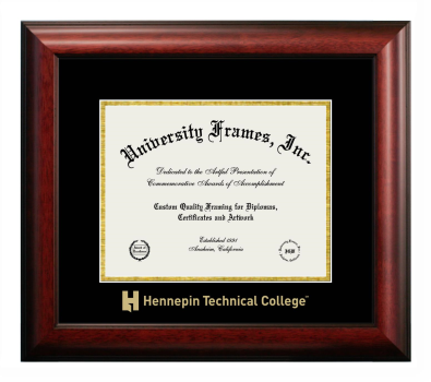 Hennepin Technical College Diploma Frame in Satin Mahogany with Black & Gold Mats for document: 8 1/2"h x 11"w  