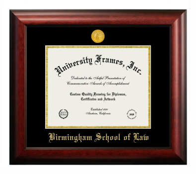 Birmingham School of Law Diploma Frame in Satin Mahogany with Black & Gold Mats for document: 8 1/2"h x 11"w  