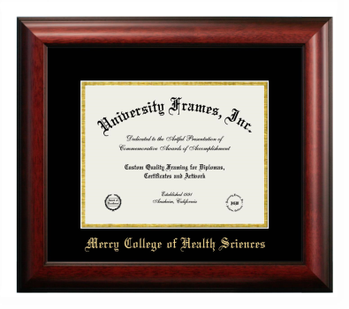 Mercy College of Health Sciences Diploma Frame in Satin Mahogany with Black & Gold Mats for document: 8 1/2"h x 11"w  