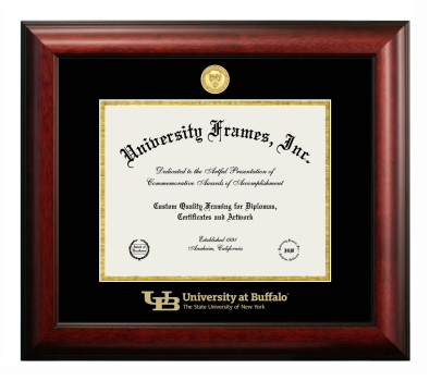 University at Buffalo The State University of New York Diploma Frame in Satin Mahogany with Black & Gold Mats for document: 8 1/2"h x 11"w  