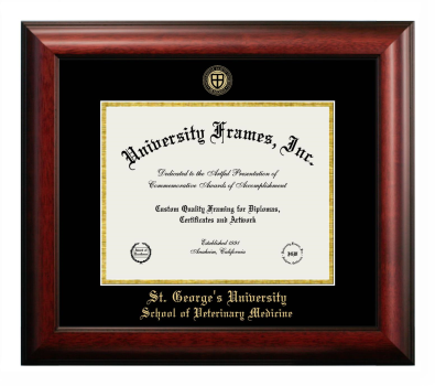 St. George's University School of Veterinary Medicine Diploma Frame in Satin Mahogany with Black & Gold Mats for document: 8 1/2"h x 11"w  