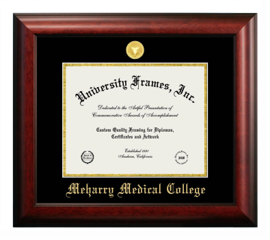 Meharry Medical College Diploma Frame in Satin Mahogany with Black & Gold Mats for document: 8 1/2"h x 11"w  