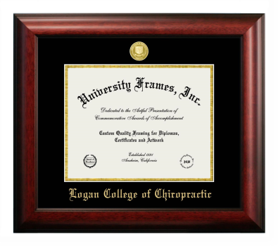 Logan College of Chiropractic Diploma Frame in Satin Mahogany with Black & Gold Mats for document: 8 1/2"h x 11"w  