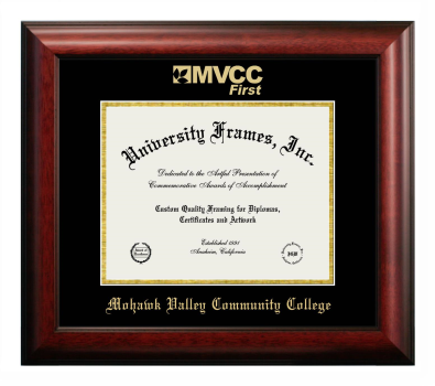 Mohawk Valley Community College Diploma Frame in Satin Mahogany with Black & Gold Mats for document: 8 1/2"h x 11"w  
