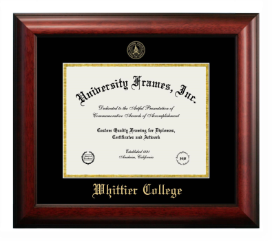 Whittier College Diploma Frame in Satin Mahogany with Black & Gold Mats for document: 8 1/2"h x 11"w  