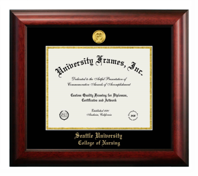Seattle University College of Nursing Diploma Frame in Satin Mahogany with Black & Gold Mats for document: 8 1/2"h x 11"w  