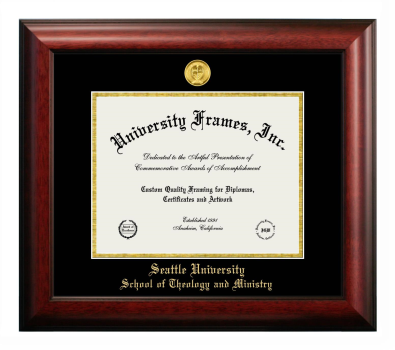 Seattle University School of Theology and Ministry Diploma Frame in Satin Mahogany with Black & Gold Mats for document: 8 1/2"h x 11"w  