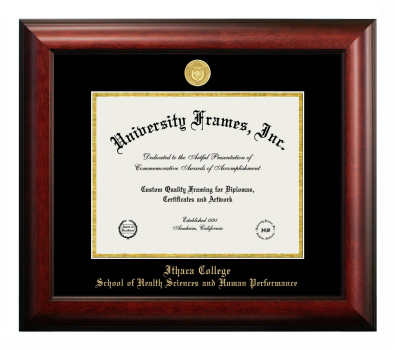 Ithaca College School of Health Sciences and Human Performance Diploma Frame in Satin Mahogany with Black & Gold Mats for document: 8 1/2"h x 11"w  