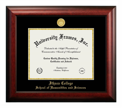 Ithaca College School of Humanities and Sciences Diploma Frame in Satin Mahogany with Black & Gold Mats for document: 8 1/2"h x 11"w  